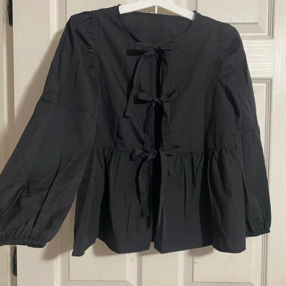 Black Blouse W/ Tie Bows and Puffy Sleeves